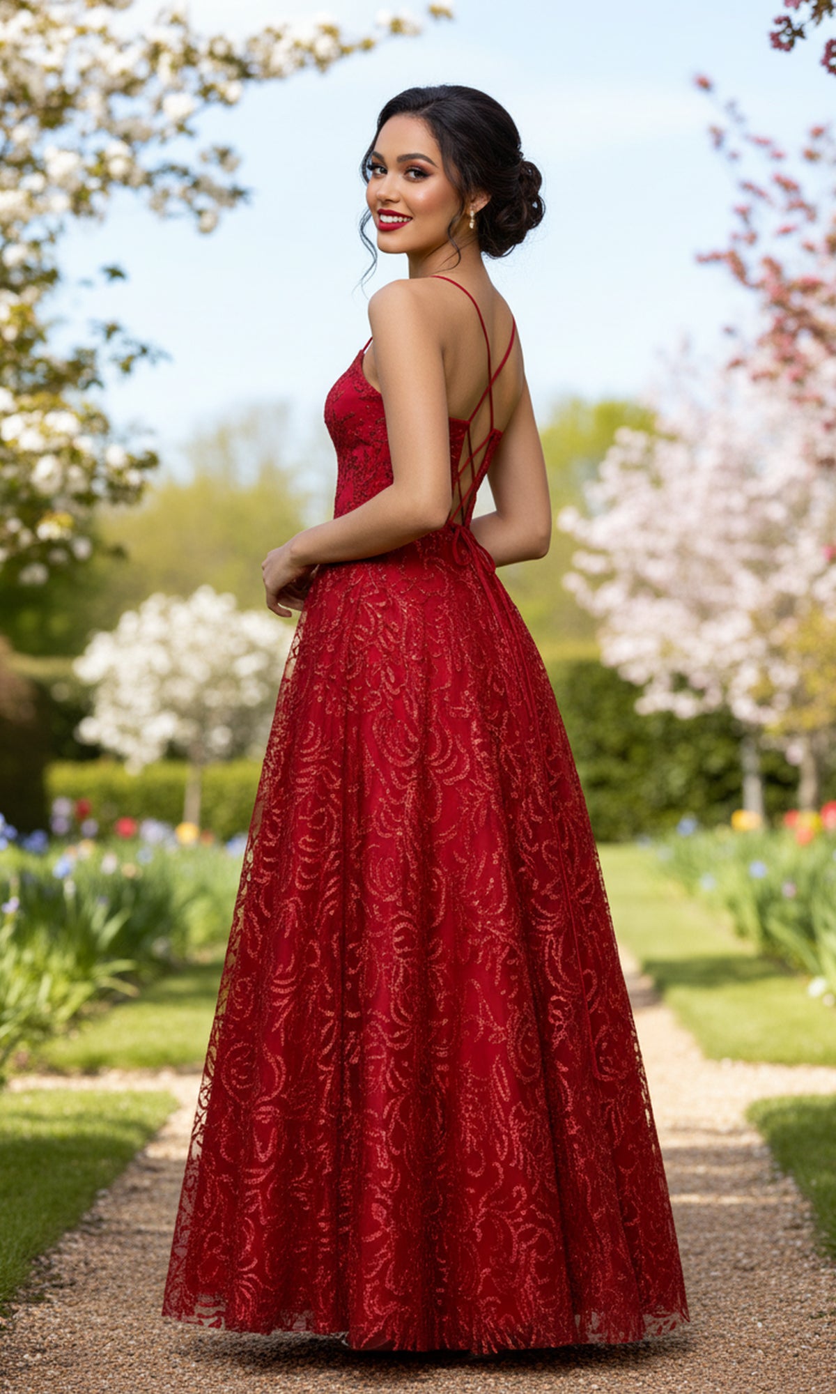 A woman wearing the Blondie Nites 6101BN long red lace A-line prom dress with thin straps stands outdoors on a path surrounded by trees and blooming flowers, looking over her shoulder.
